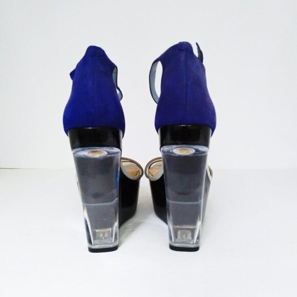 Gianni Bini  Clear & Black Mega Wedge  Royal Blue Suede Ankle Strap Sandals Sz 7 - Picture 3 of 9